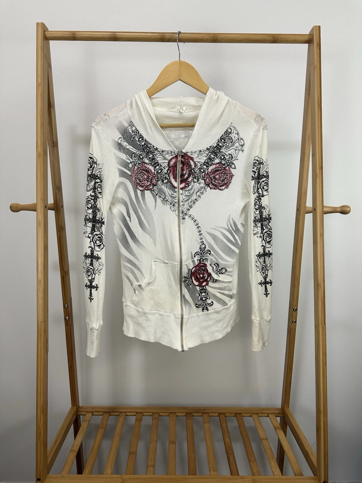 VTG Y2K Rose Rosary Long Sleeve Thermal Women's Full Zip Light Hoodie Size M
