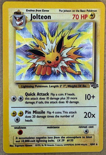 Pokémon TCG Jolteon 4/64 Jungle Holo Rare English 70 HP 1999 WOTC