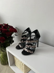 Gucci Sandales à Talons Hauts Cuir Cristal Chaussures Talons Noir Taille EU 38 US 8