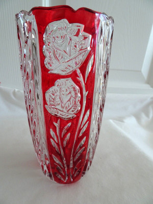 Vintage Rosaline German Crystal Clear 24% Lead Crystal Roses Ruby Red Glass Vase