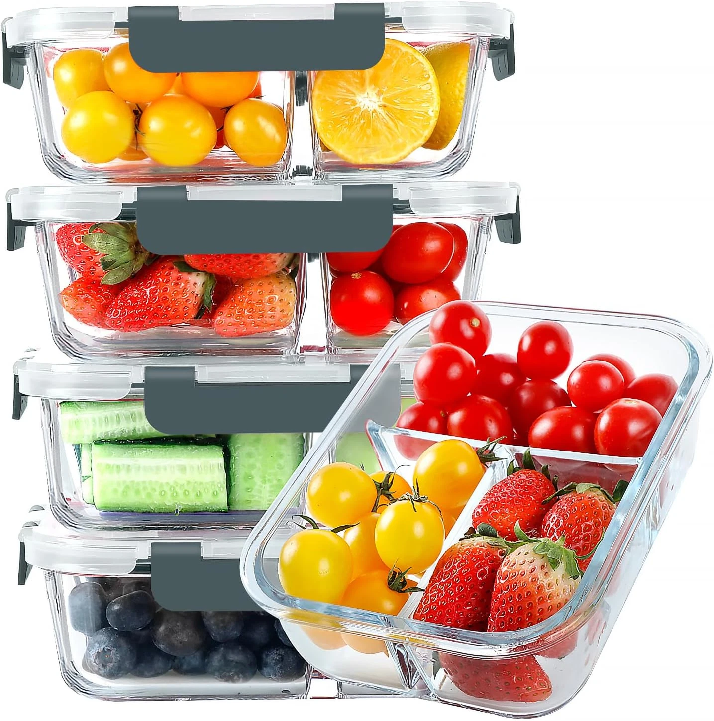 5-Pack Glass Meal Prep Containers with Lids - 36oz Airtight Food Storage (GRAY)
