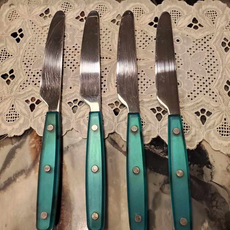 Lucite, teal green handled, camper, picinic, knives, set of 4, vintage