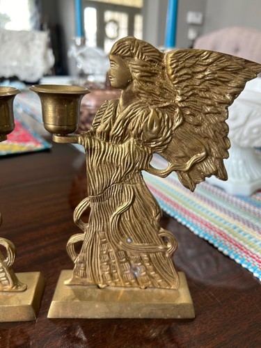 Vintage Hosley Brass Angel Two Sided Candle Holder Guardian Angel Holiday - Imagen 2 de 6
