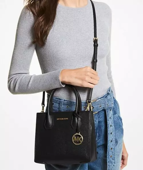 Michael Kors Mercer Pebble Leather Messenger Crossbody Bag Black Gold