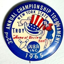 New York State WBA Bowling 32nd Annual Championship 1.75" Celluloid Pinback 1965