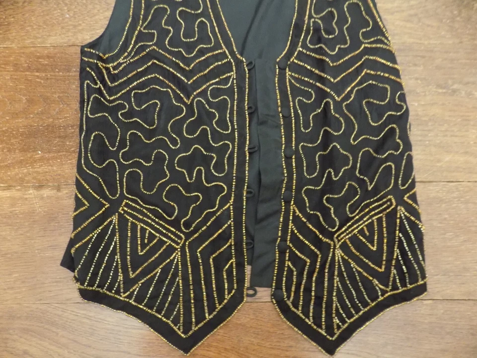 Chaleco De Colección Your Destiny M Negro Seda Fina Dorado Cuentas Atado Atrás Chaleco Abotonado Foto 3 de 4