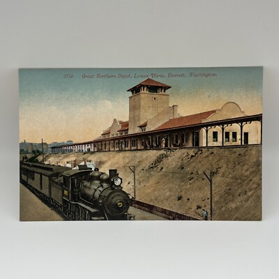 POSTCARD RAILROAD TRAIN, GREAT NORTHERN DEPOT LOWER VIEW, EVERETT WA