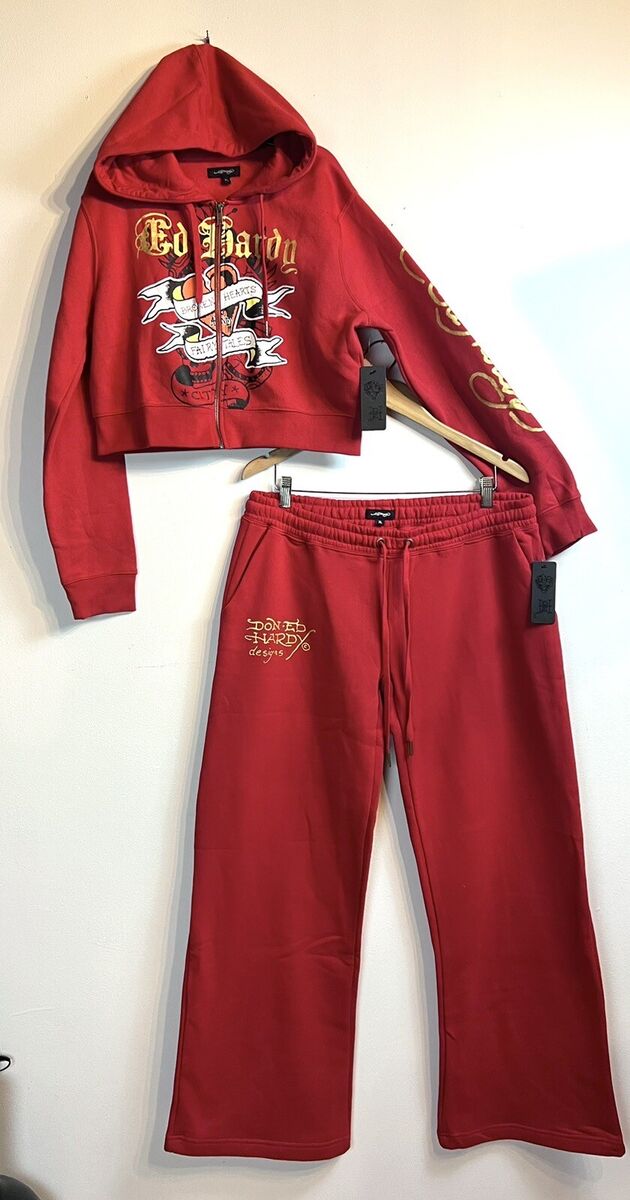 Ed Hardy Sweatsuit Red Broken Heart Crop Zip Hoodie Wide Leg Ed Hardy Sweatsuit Red Broken Heart Crop Zip Hoodie Wide Leg