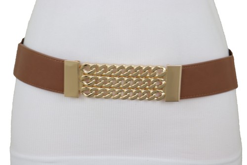 Women Brown Color Elastic Sexy Fashion Belt Gold Metal Chain Links Fit Size S M - Picture 8 of 12