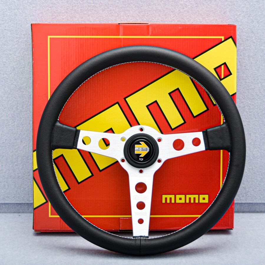 MOMO BLACK EDITION 350mm 14inch Genuine Leather Classic Steering Wheel Silver