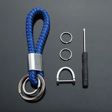Blue Leather Loop Rope Car Keychain Dual Split Ring w/ Fob U D Horseshoe Buckle