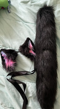 Black Pink Purple Faux Fur Cat Ears and Tail Costume Set Adult Unisex One Size