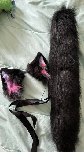 Black Pink Purple Faux Fur Cat Ears and Tail Costume Set Adult Unisex One Size