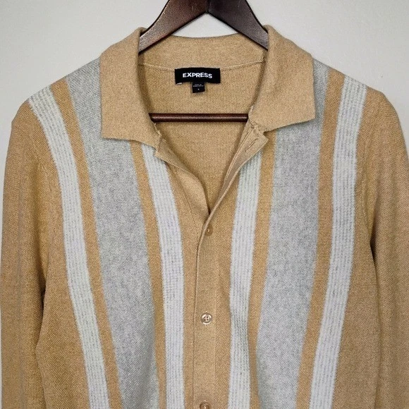 Express Stripe Button Down Sweater Polo Men Small Beige Neutral Cardigan Preppy - Image 4 of 4