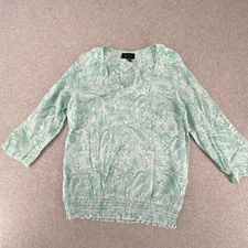 AB Studio Top Womens L Green Paisley Smocked Roll Tab 3/4 Sleeve Pullover Blouse