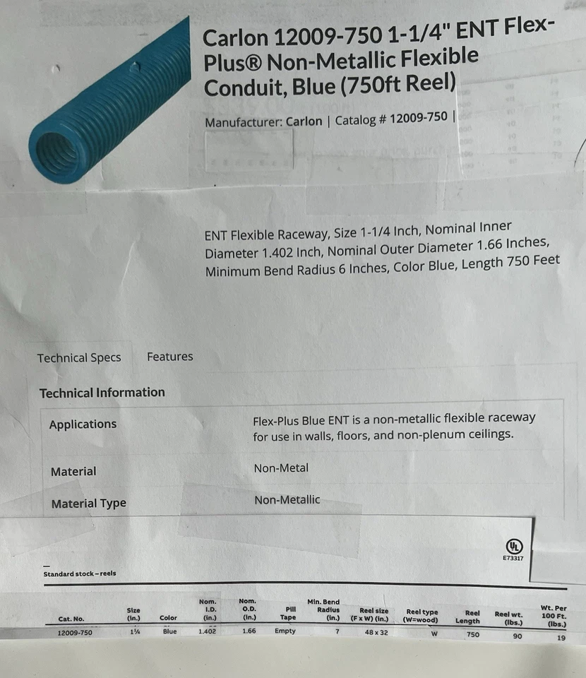 Carlon 12009-750 1-1/4” ENT Flex-Plus Non-Metallic Flexible Conduit, Blue 750 Ft - Image 2 of 4