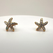 Vintage Gold Tone Starfish Stud Earring Clear Pavé Rhinestone Ocean Sealife Boho