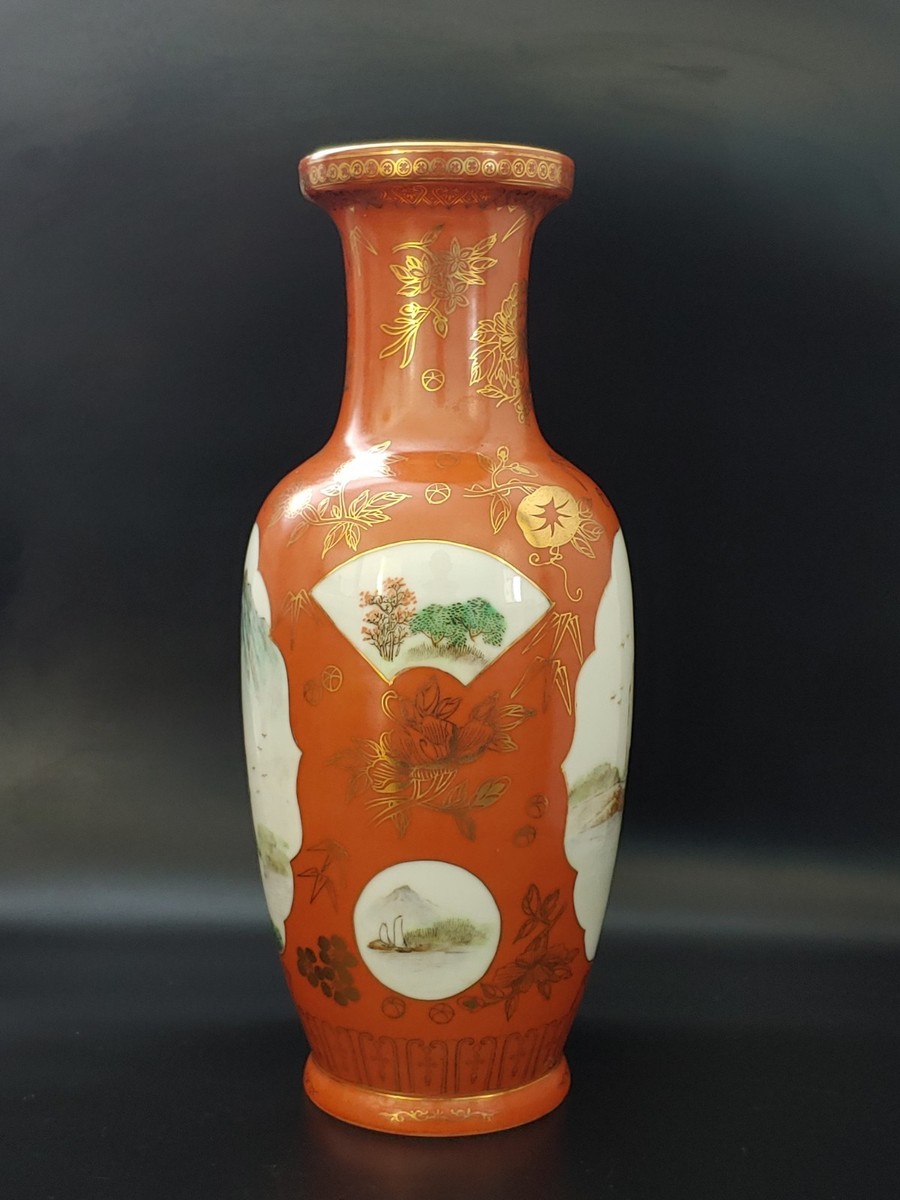 五六七高端瓷器粉彩珊瑚红釉湖山春色图观音瓶Vintage Chinese Famille