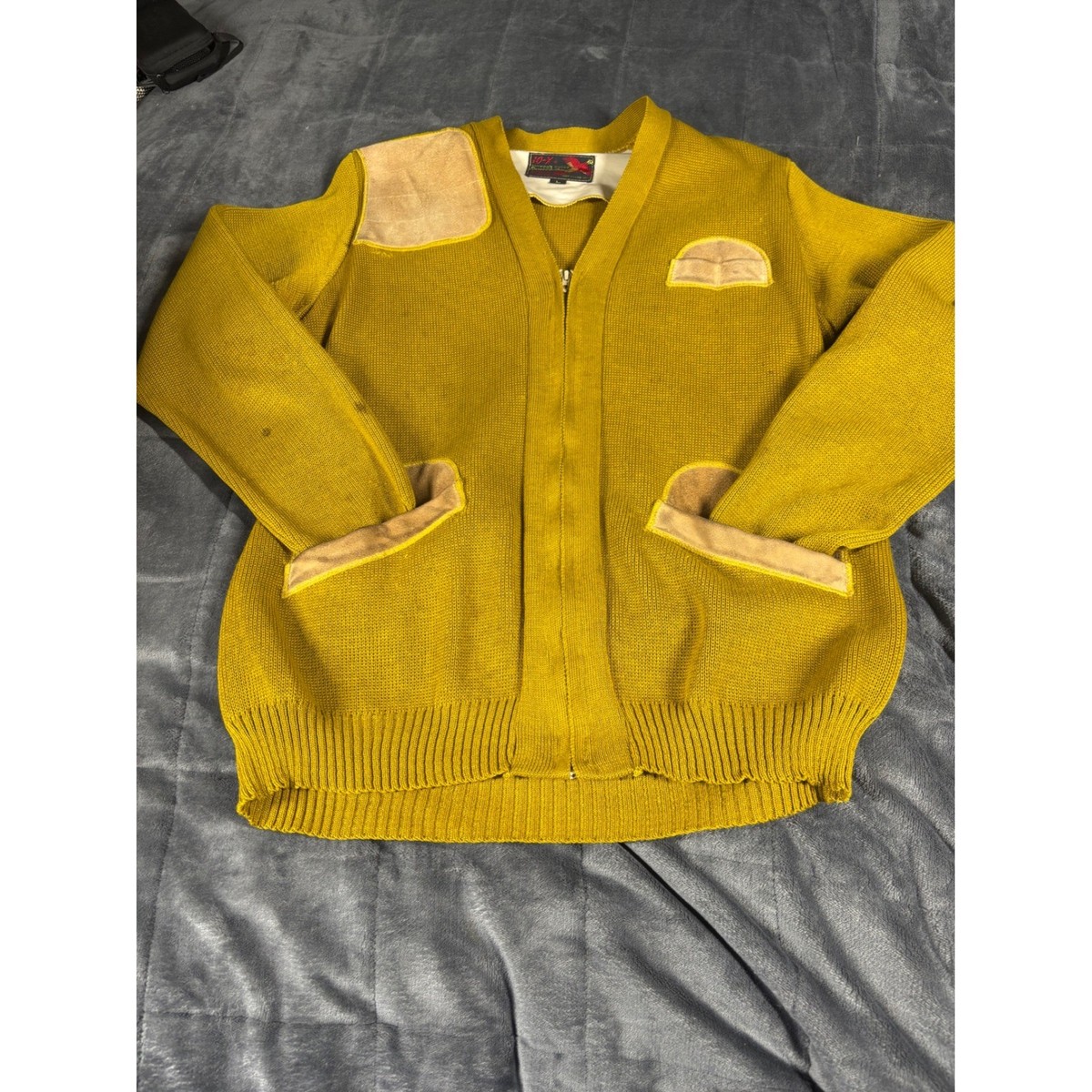 Vintage 10-X Shooting Cardigan Sweater Mustard Yellow Suede 