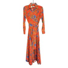 Vtg 70s Sakowitz maxi dress - long sleeve collared red floral belted boho sz S/M