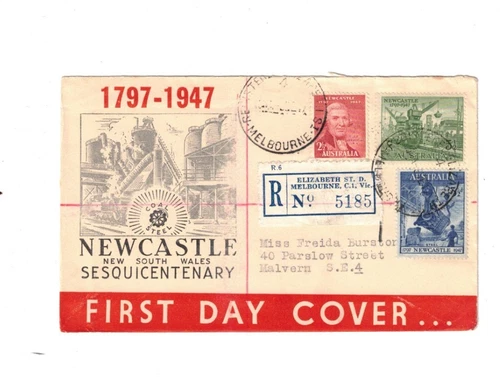 Australia 1947 Newcastle Set on FDC,cds ELIZABETH St Vic & MALVERN