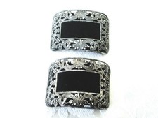 Pair of Ornate Vintage Silver Tone With Black Shoe Clips 1 1/2 x 2 1/8 In. KJ