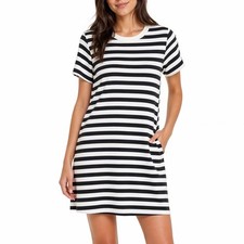 Old Navy T-Shirt Dress Womens Large Petite White Black Striped Cotton Round Neck