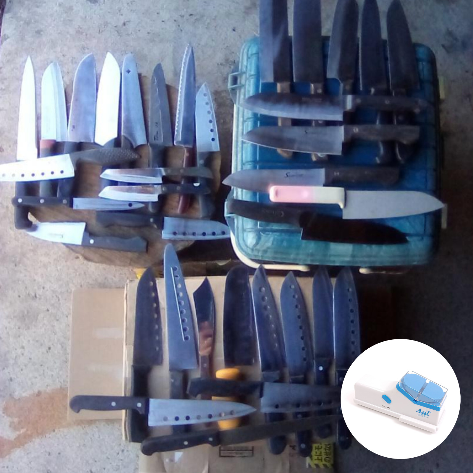 Lote chatarra de 35 cuchillos de cocina japoneses con herramienta de afilado ...