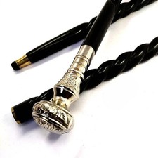 Antique Walking Cane Wooden Walking Stick Silver Brass Head Handle Knob Gif