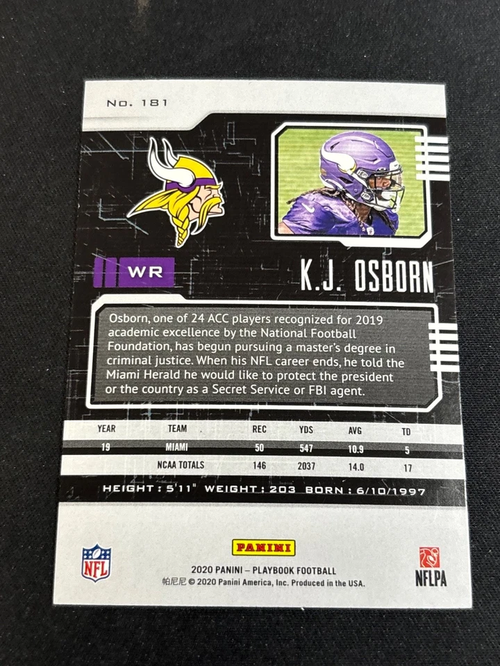 2020 Panini Playbook - Rookies K.J. Osborn #181 (RC) Vikings - Image 2 of 2