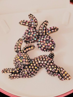 3.2'' XL DESIGNER Iridescent CRYSTAL RABBIT BUNNY BROOCH & EARRING EASTER SET