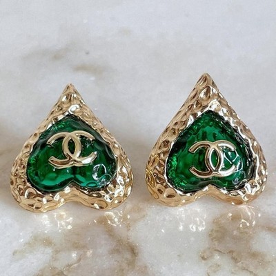 CHANEL Heart Coco Mark Earrings Green Gold Tone Women's Designer Jewelry