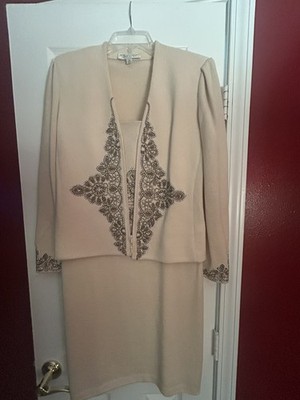 ST.JOHN Women's Cream Gold Bronze Embroidered Studs Pearl Jacket Dress Sz 4-6
