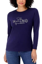 Denim & Co. Printed Perfect Jersey Round Neck Long Sleeve Top-Navy-1X-A547118