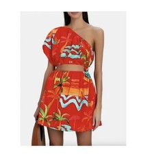Farm Rio Tropical Ipanema One Shoulder Linen Cutout Mini Dress Summer Beach | L
