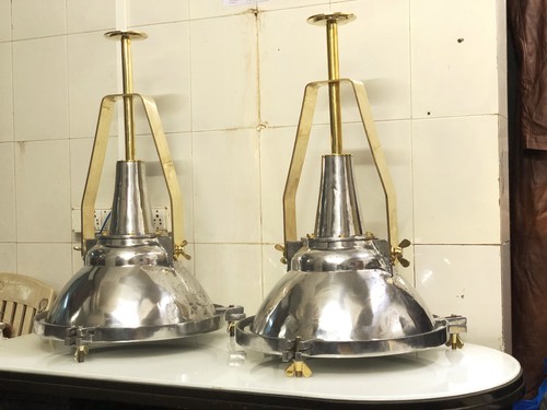 Pair Retro Vintage Ship Cargo Pendant Lights | Aluminum & Brass Nautical Ceiling - Picture 5 of 10