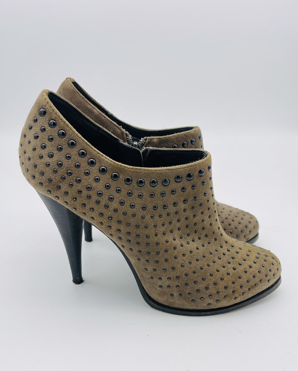 Women’s Karen Millen Suede Leather Shoe Boots Khaki Studded Stiletto Heels