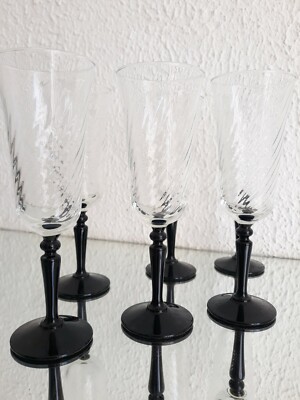 France luminarc  Sekt/Champagnerglas Gläser 6er Set schwarzer Stiel Glas Vintage