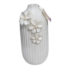 Flora Bunda Handcrafted By Artisans Ceramic Vase With Floral Appliqued 9.5" Tall