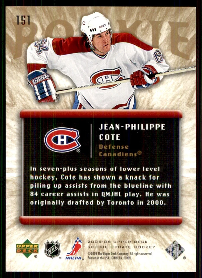2005-06 Upper Deck Rookie Update Jean-Philippe Cote RC 1427/1999 #151 - Image 2 of 2