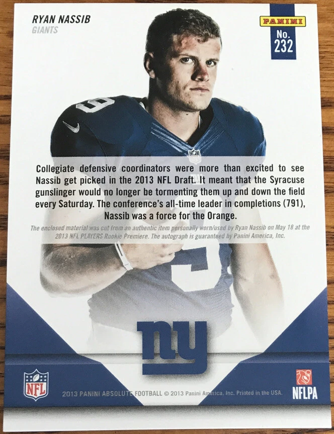2013 Absolute Rookie Jersey Autograph Ryan Nassib #232 New York Giants #’d 55/99 - Image 2 of 3