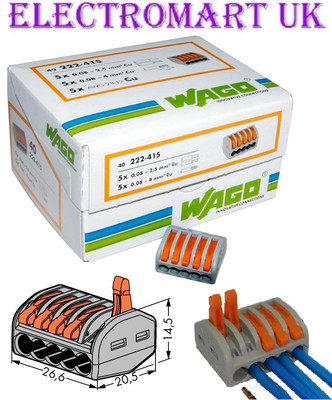 40 X 222-415 ORIGINAL WAGO 5-FACH FEDERHEBEL KABEL DRAHTKLEMME STECKER BLOCK