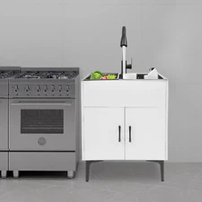 Sink with Cabinet and Pull-Out Faucet Freestanding Sink with Cabinet White