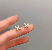 Tiny Trendy 14k Gold Plated 3D X-Shape Cross Pave Cubic Zirconia Stud Earrings
