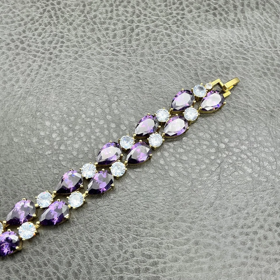 Brazalete Disfraz Eslabón Cristal Lágrima Amatista Tono Dorado Corte Pera Mujer 8" Foto 4 de 4