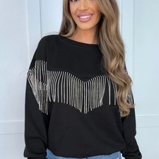 TORRID Cozy Fleece Rhinestone Fringe Sweatshirt Women's 2 2X /18-20 BLACK NWT