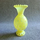 Fenton Topaz  Opalescent UV Vaseline Coin Dot 10” Crimped Vase