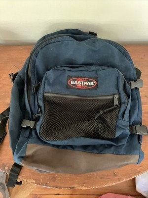 Vintage 90s Eastpak Made in USA Leather Bottom Navy Blue Book Bag Backpack