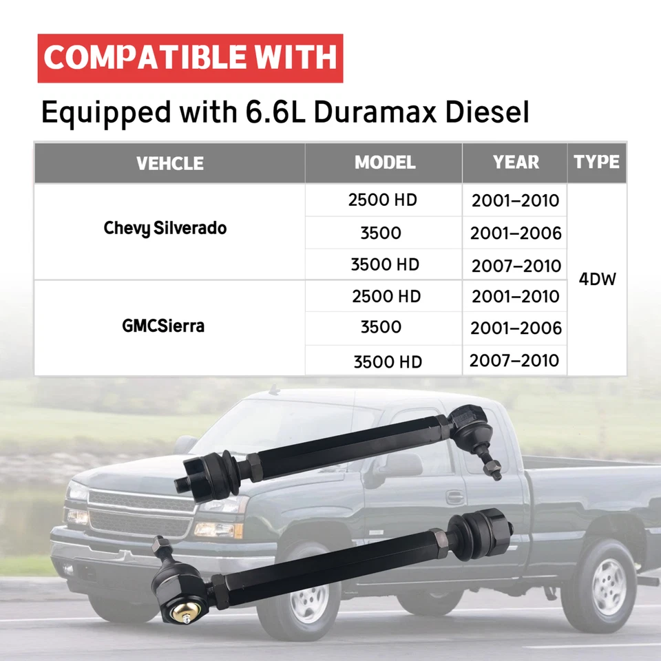 Kit de varilla de amarre Heavy Death Grip de 2 piezas para camioneta Chevy GMC 2500HD 3500HD 2001-2010 Foto 4 de 4