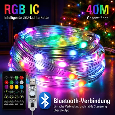 Smart RGB LED Lichterkette 1–40m Bluetooth Musik USB IP65 Fernbedienung - Bild 1 von 4